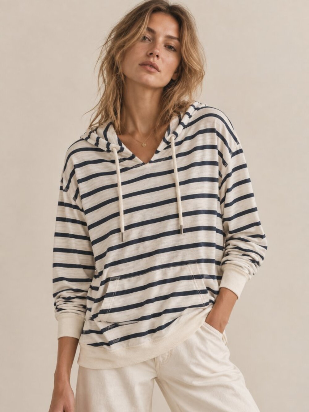 J.Crew Striped Lightweight Slub Cotton Hoodie Navy White M Nautical Coastal